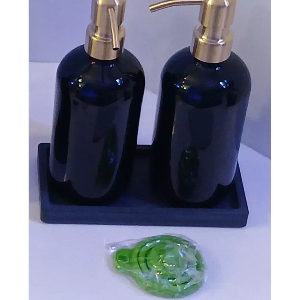 Set of 2 Liquid Soap/Lotion Dispensers-Brushed Gold and Black Glass NEW In Box